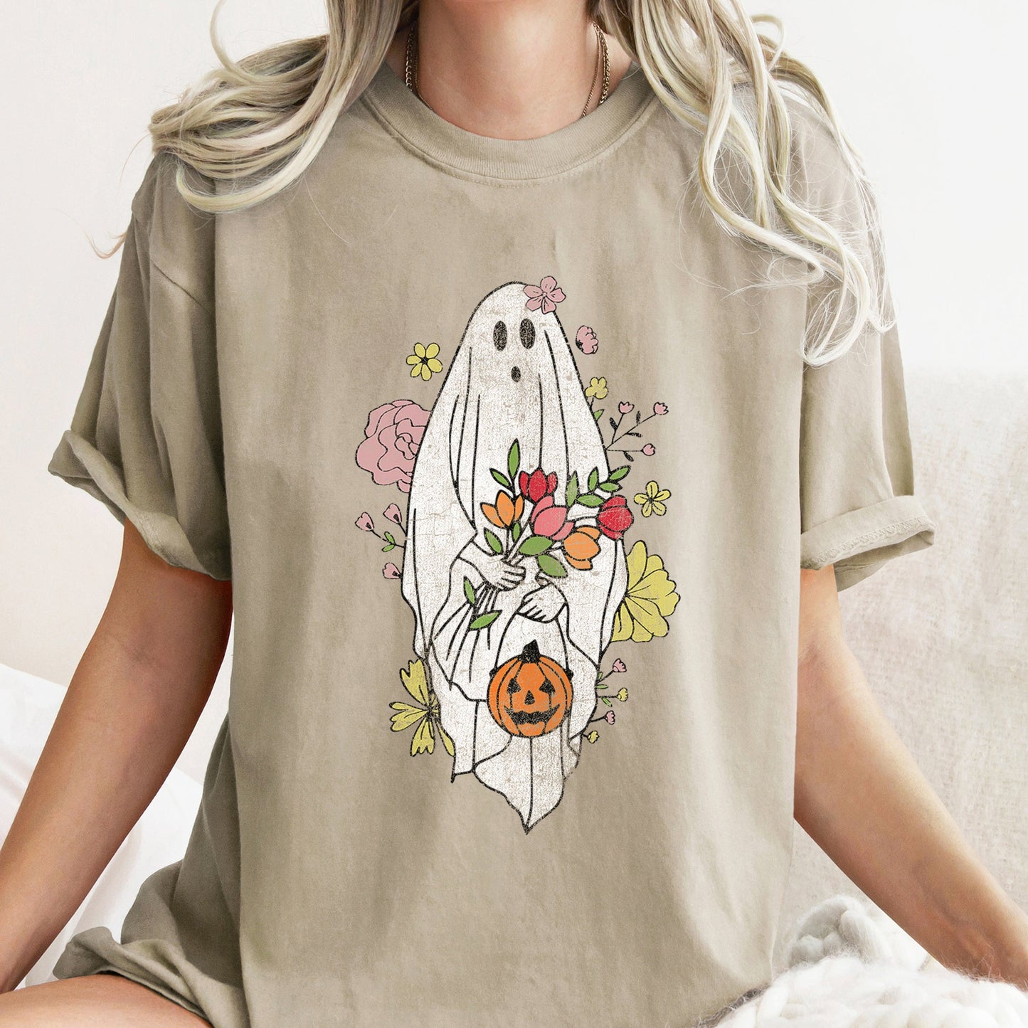 Ghost with Flowers Retro Halloween Comfort Colors Tshirt