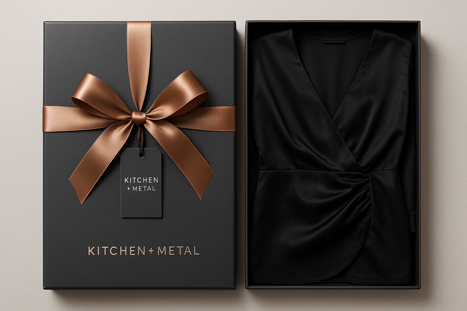 Gift wrapped black wrap dress with Kitchen + Metal branding