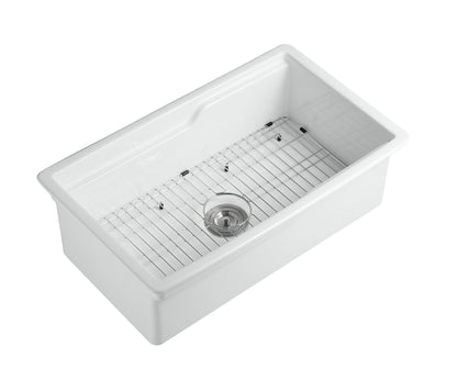 ALFI brand ABFS3219SUD ABFS3219SUD-W  White 32" x 19" Workstation Step Rim Single Bowl Fireclay Undermount / Drop In Kitchen Sink