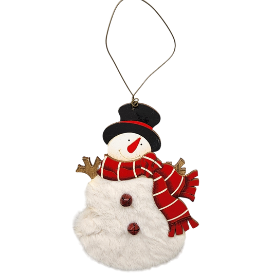 Wood and Fur Snowman Ornament - Wearing his Tophat