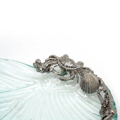 Glass Tray with Accent Pewter Shells, Coral, and Crab