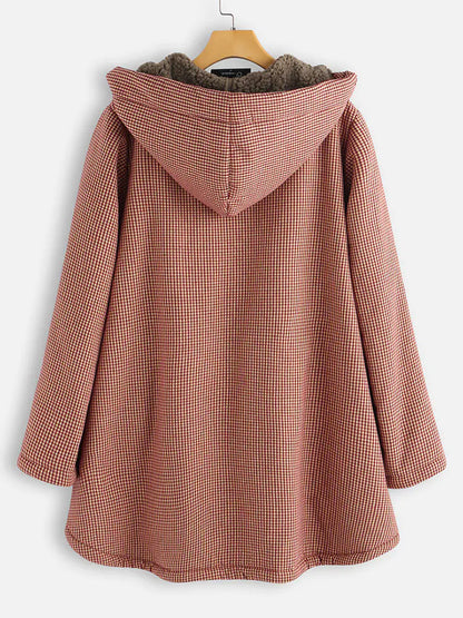 Solid Color Button Hooded Jacket and Plaid Jacket