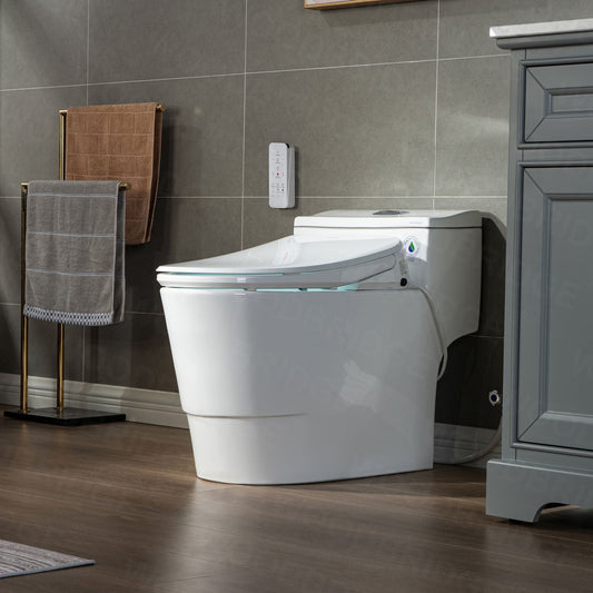 WOODBRIDGE T-0047 One Piece 1.1GPF/1.6 GPF Dual Flush Elongated Toilet with Advance Smart Bidet Toilet in White