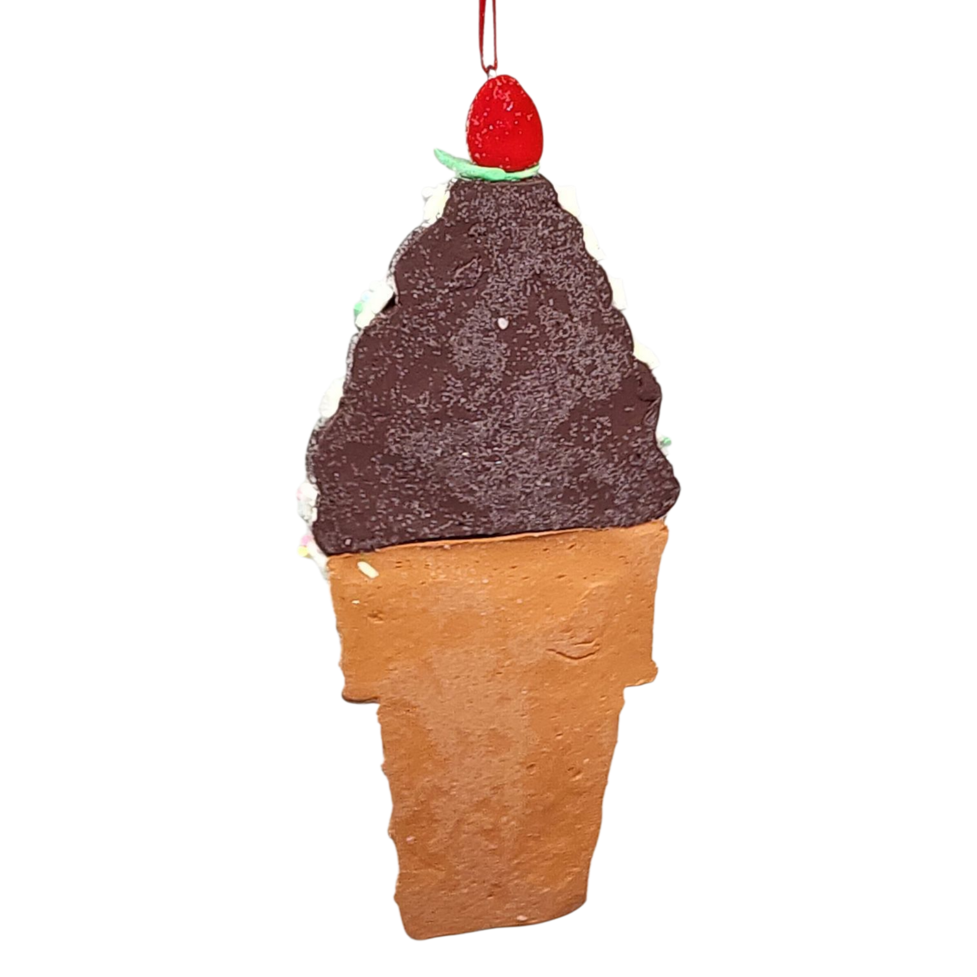 Decorative ice cream cone ornament with chocolate ice cream and cherry on top against a white background