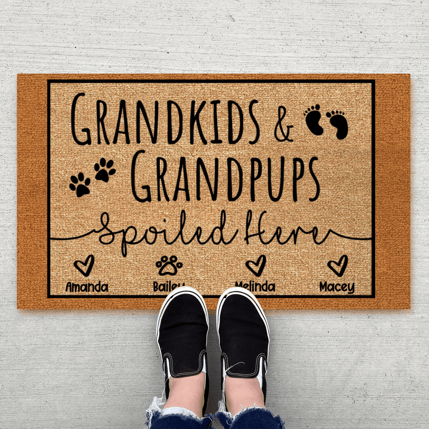 Grandkids and Grandpups Spoiled Here - Personalized Doormat - Birthday, Housewarming, Funny Gift for Homeowners, Grandmas, Grandparents, Dog Mom, Dog Dad, Dog Lovers, Pet Gifts