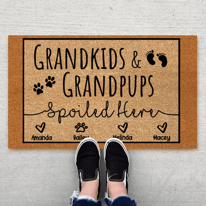 Grandkids and Grandpups Spoiled Here - Personalized Doormat - Birthday, Housewarming, Funny Gift for Homeowners, Grandmas, Grandparents, Dog Mom, Dog Dad, Dog Lovers, Pet Gifts