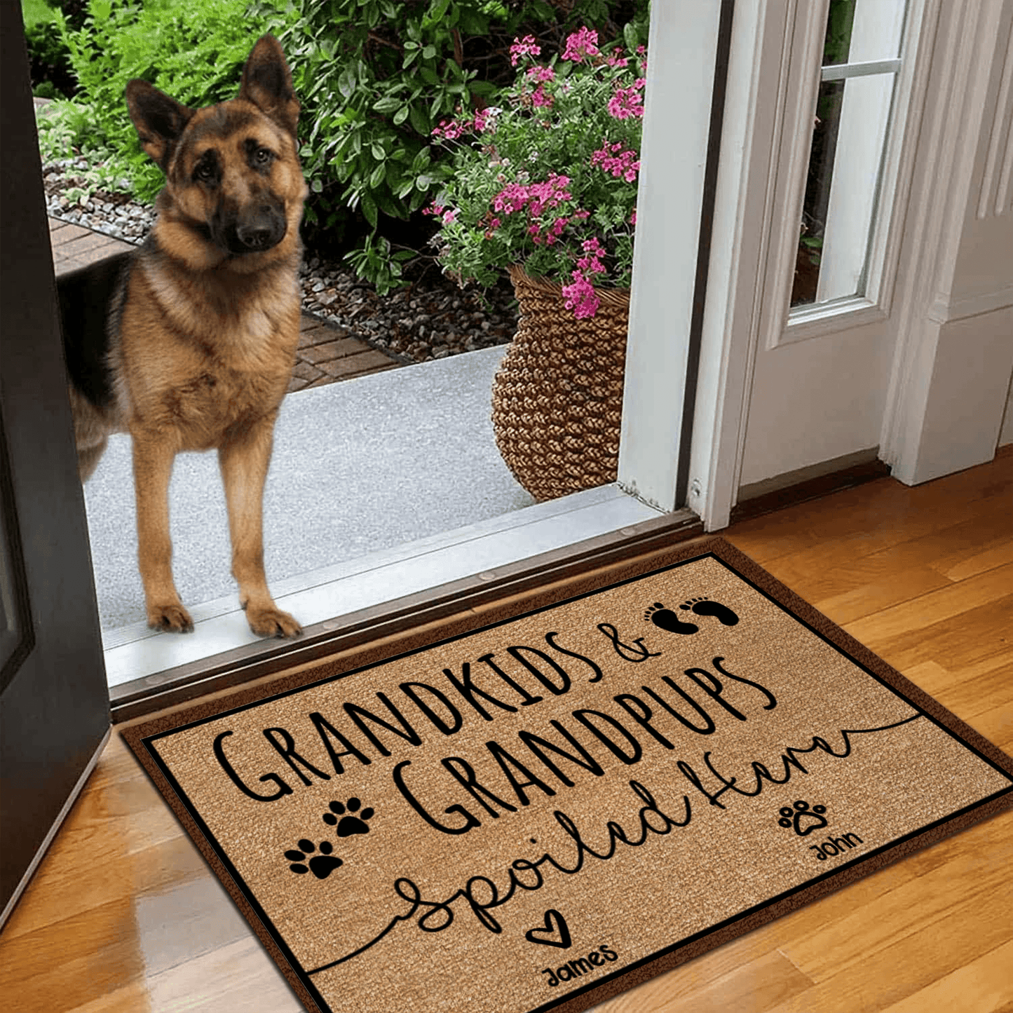 Grandkids and Grandpups Spoiled Here - Personalized Doormat - Birthday, Housewarming, Funny Gift for Homeowners, Grandmas, Grandparents, Dog Mom, Dog Dad, Dog Lovers, Pet Gifts