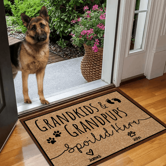 Grandkids and Grandpups Spoiled Here - Personalized Doormat - Birthday, Housewarming, Funny Gift for Homeowners, Grandmas, Grandparents, Dog Mom, Dog Dad, Dog Lovers, Pet Gifts