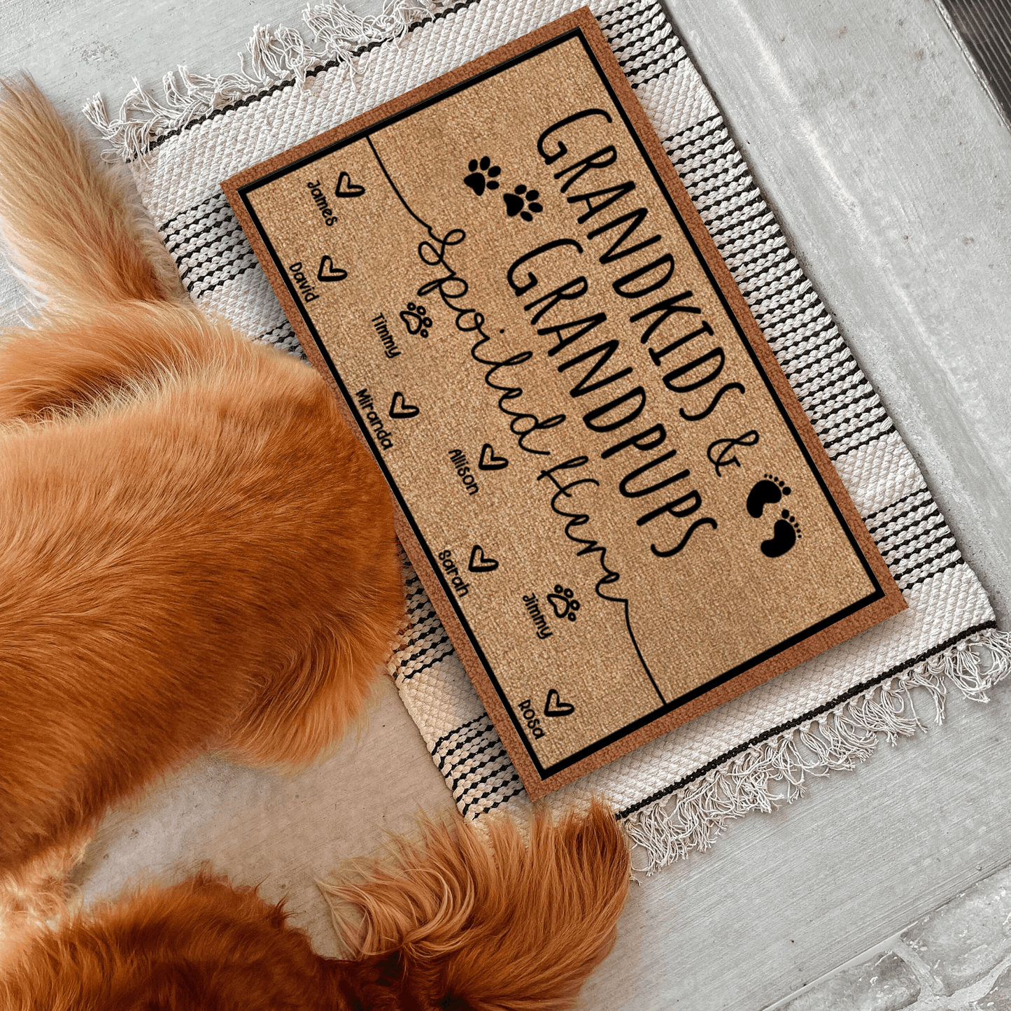Grandkids and Grandpups Spoiled Here - Personalized Doormat - Birthday, Housewarming, Funny Gift for Homeowners, Grandmas, Grandparents, Dog Mom, Dog Dad, Dog Lovers, Pet Gifts