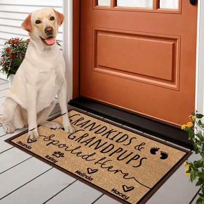 Grandkids and Grandpups Spoiled Here - Personalized Doormat - Birthday, Housewarming, Funny Gift for Homeowners, Grandmas, Grandparents, Dog Mom, Dog Dad, Dog Lovers, Pet Gifts