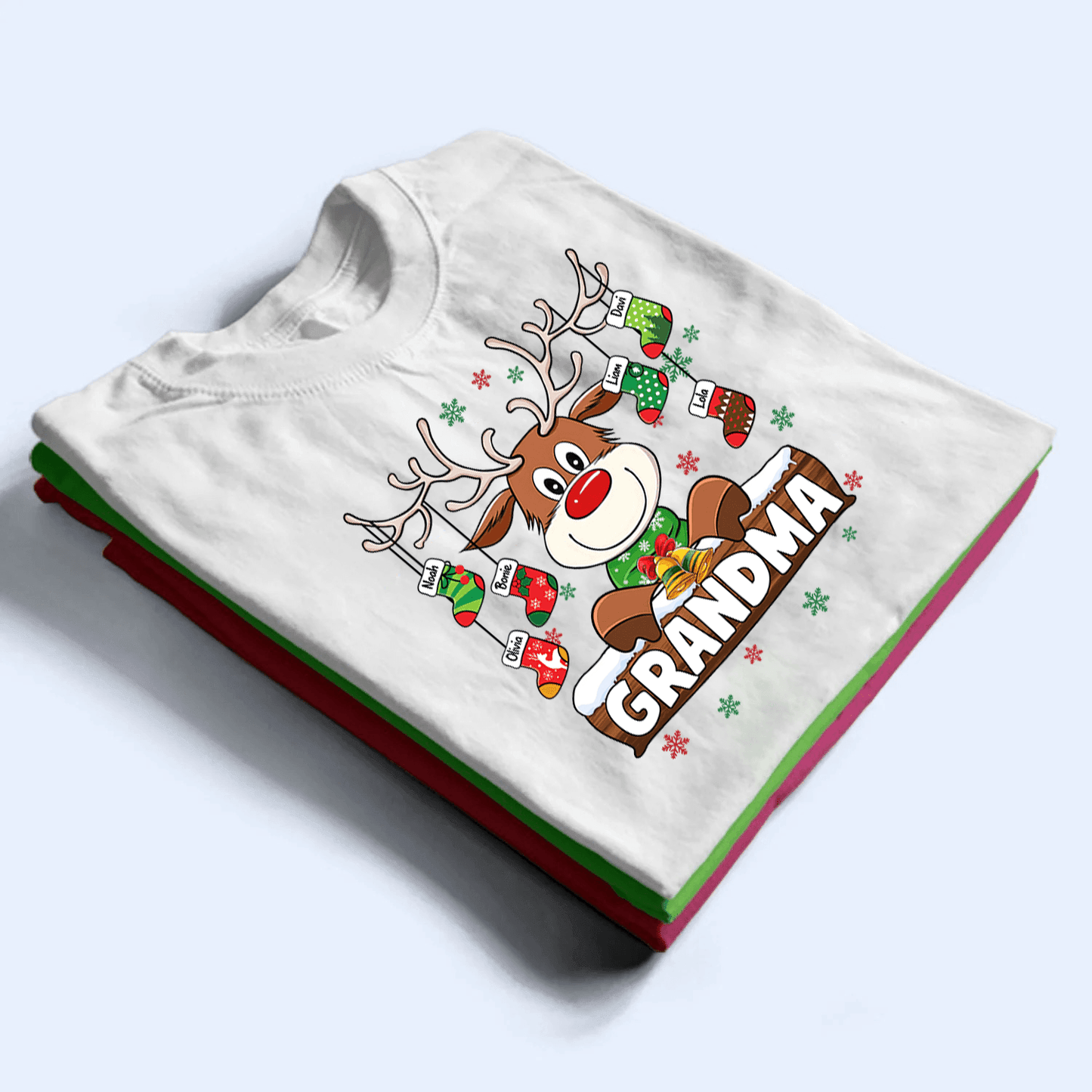 Grandma Reindeer With Christmas Socks - Personalized Custom T Shirt - Birthday, Loving, Funny Gift for Grandma/Nana/Mimi, Mom, Wife, Grandparent