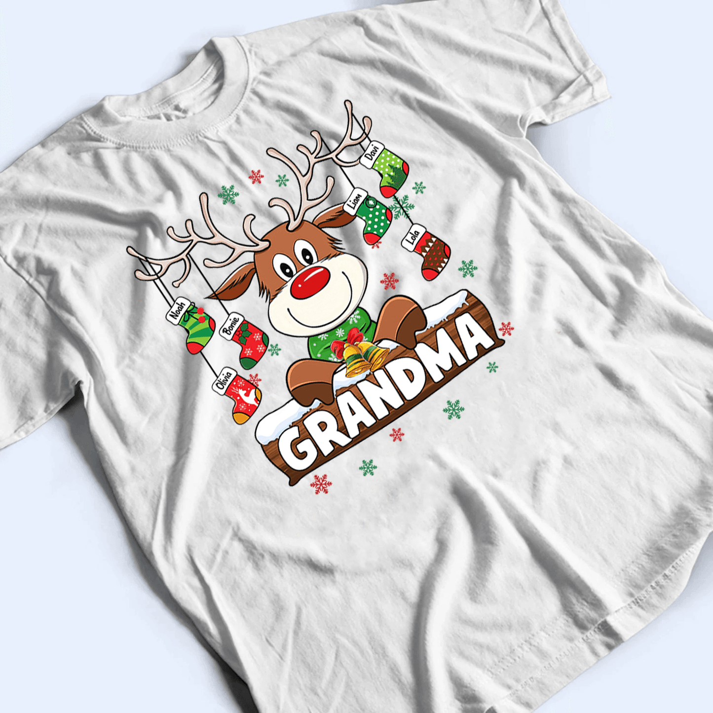 Grandma Reindeer With Christmas Socks - Personalized Custom T Shirt - Birthday, Loving, Funny Gift for Grandma/Nana/Mimi, Mom, Wife, Grandparent