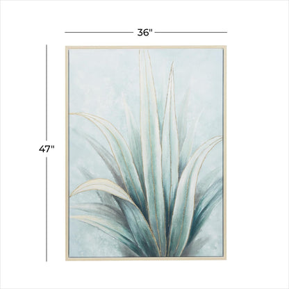 Green Canvas Leaf Agave Living Room Framed Wall Art with Beige Frame