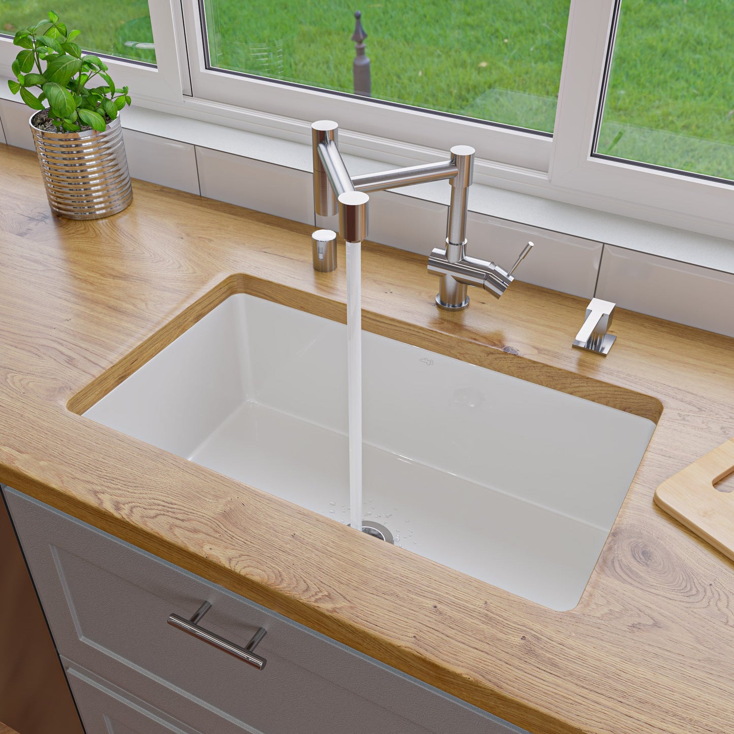 ALFI brand ABF3018UD ABF3018UD-W White 30" x 18" Fireclay Undermount / Drop In Kitchen Sink w Grid