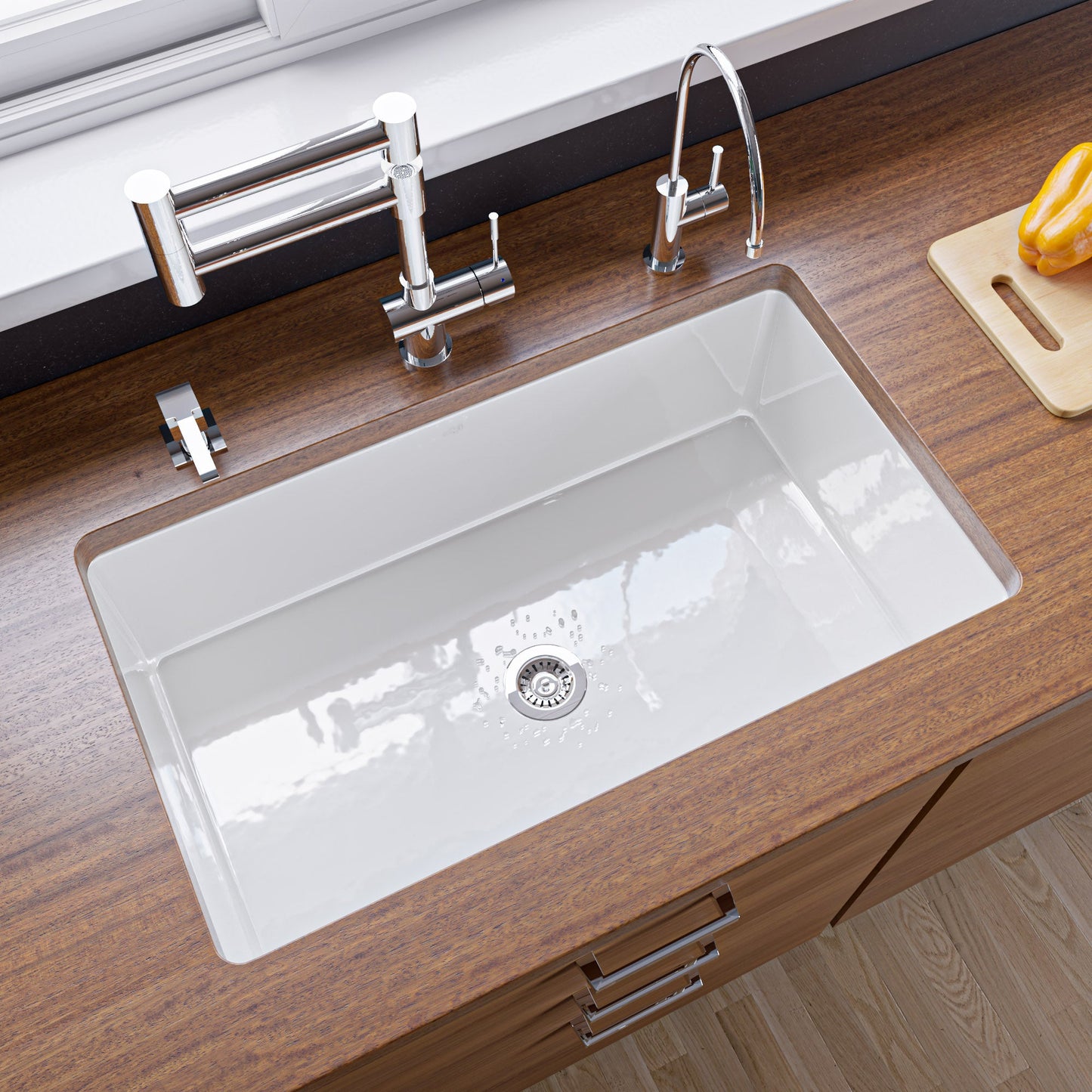 ALFI brand ABF3219SUD 32" x 19" Fireclay Single Bowl Undermount / Drop In Kitchen Sink w Grid