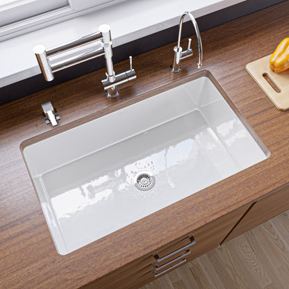 ALFI brand ABF3219SUD 32" x 19" Fireclay Single Bowl Undermount / Drop In Kitchen Sink w Grid