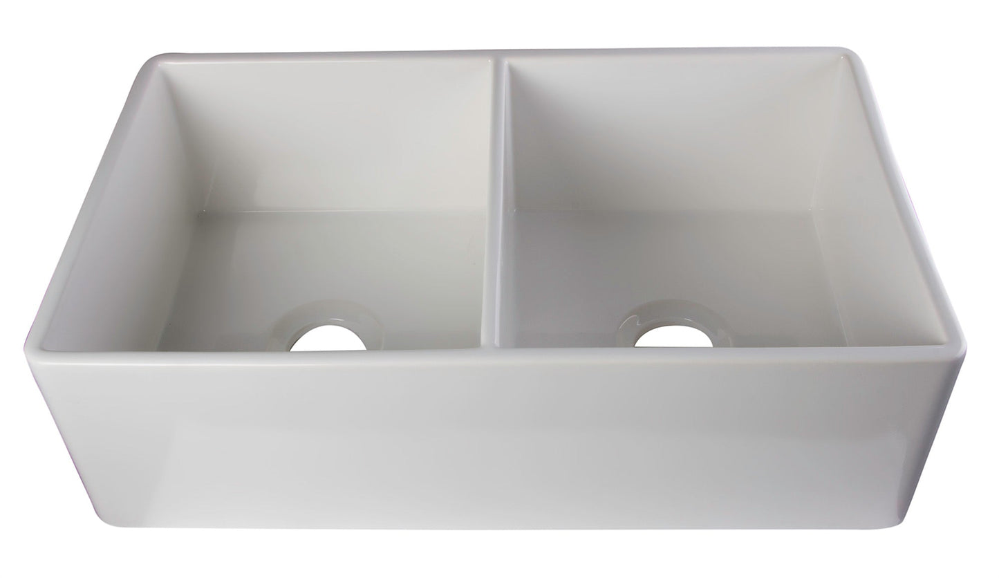 ALFI brand AB538 AB538-W White 32" Smooth Apron Double Bowl Fireclay Farmhouse Kitchen Sink
