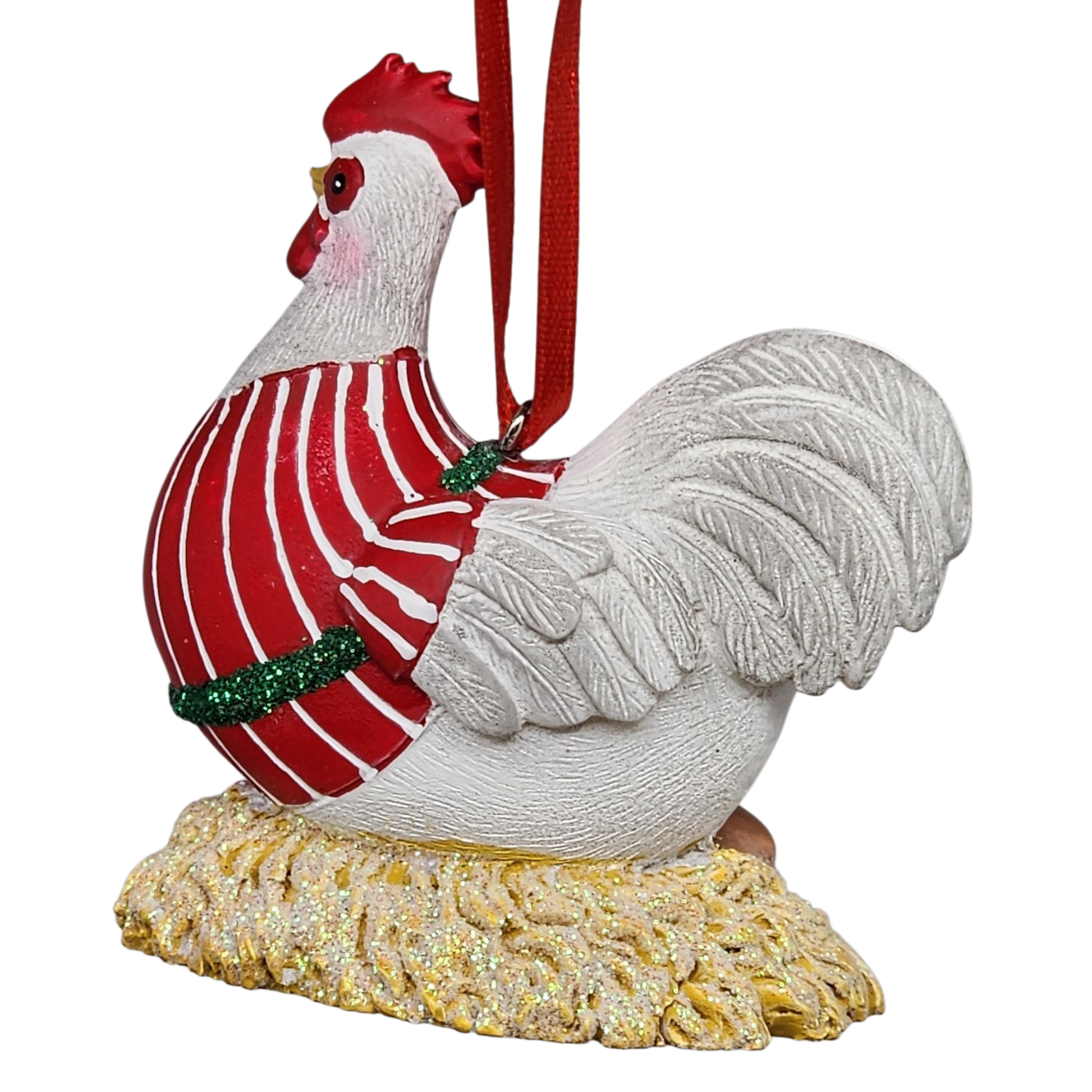 Decorative rooster ornament with a red sweater on a white background
