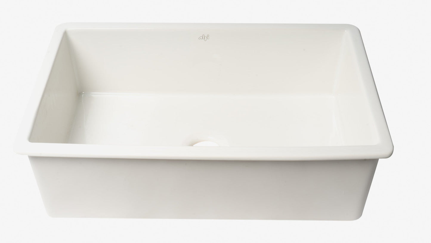 ALFI brand ABF3219SUD 32" x 19" Fireclay Single Bowl Undermount / Drop In Kitchen Sink w Grid