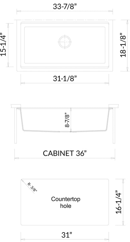 ALFI brand AB3418SBUM 33" Granite Composite Workstation Step Rim Single Bowl Undermount Sink with Accessories