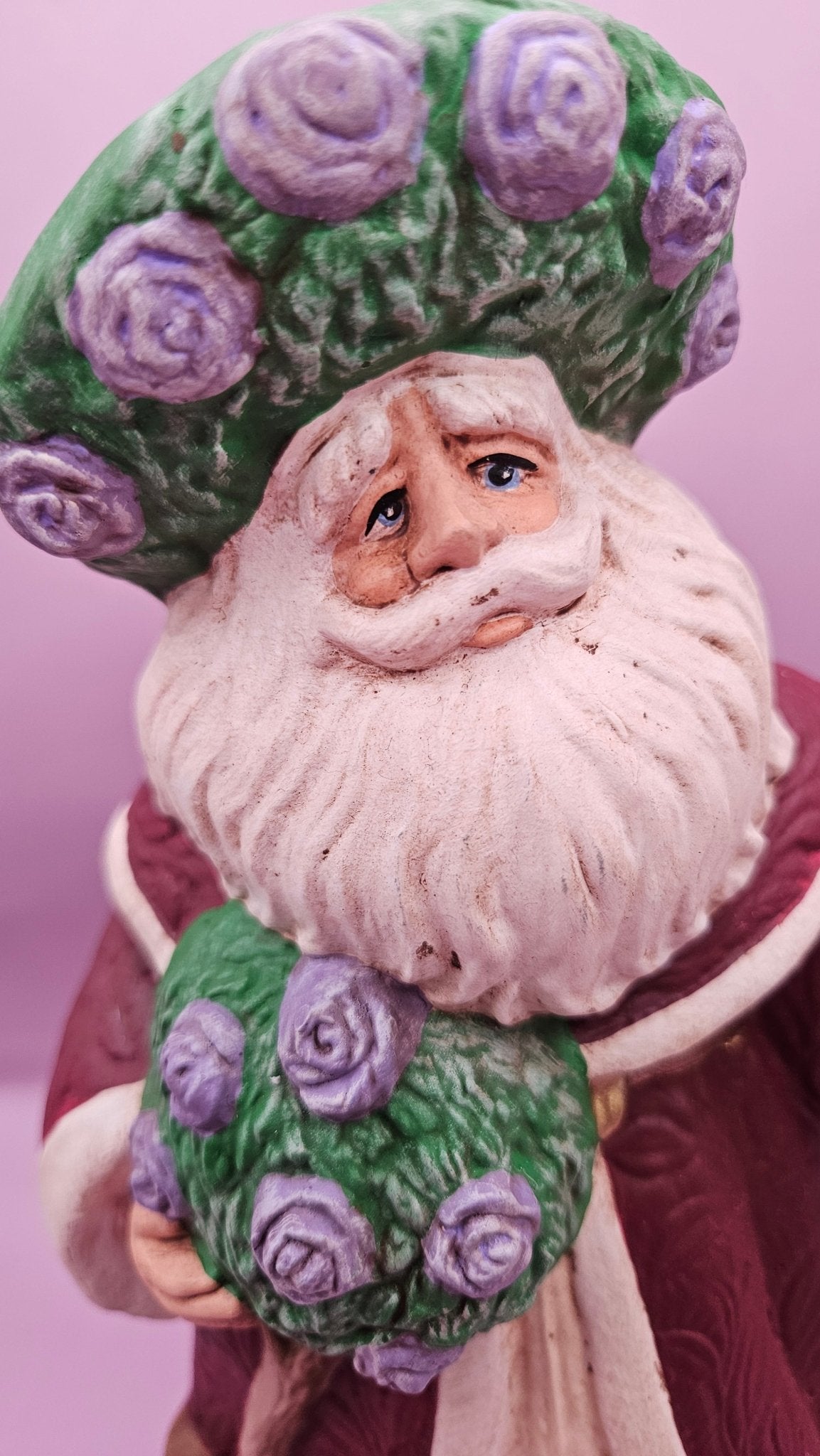 Hand-Painted Lavender Rose Santa Figurine - 10x6.5 Rustic Holiday Charm