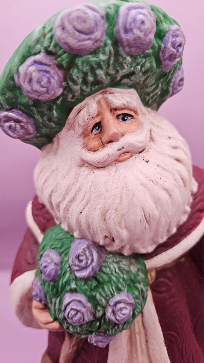 Hand-Painted Lavender Rose Santa Figurine - 10x6.5 Rustic Holiday Charm