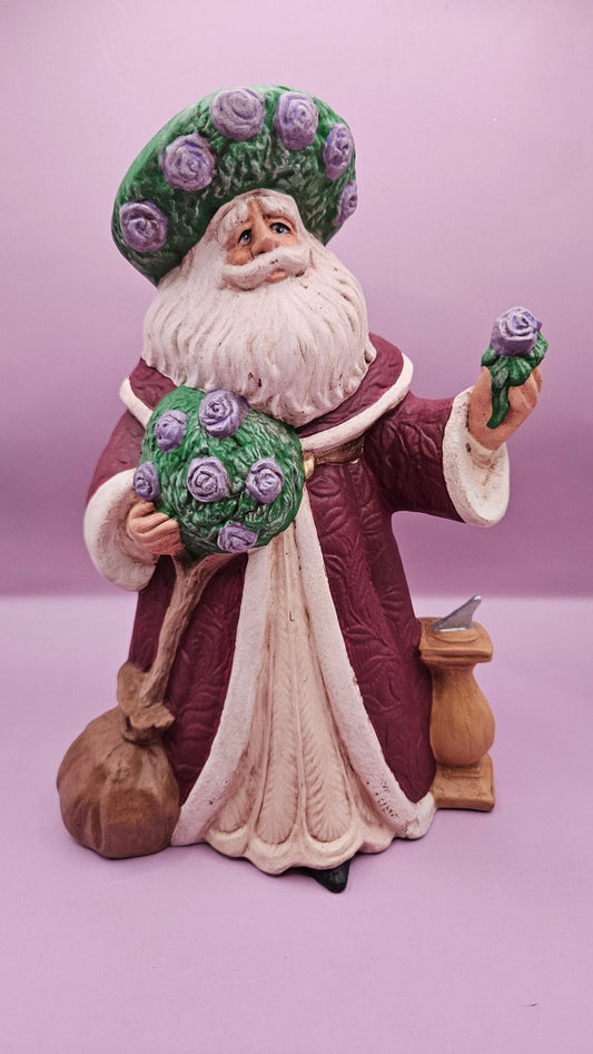 Hand-Painted Lavender Rose Santa Figurine - 10x6.5 Rustic Holiday Charm