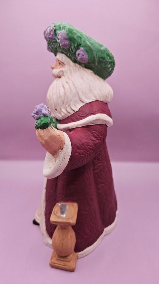 Hand-Painted Lavender Rose Santa Figurine - 10x6.5 Rustic Holiday Charm