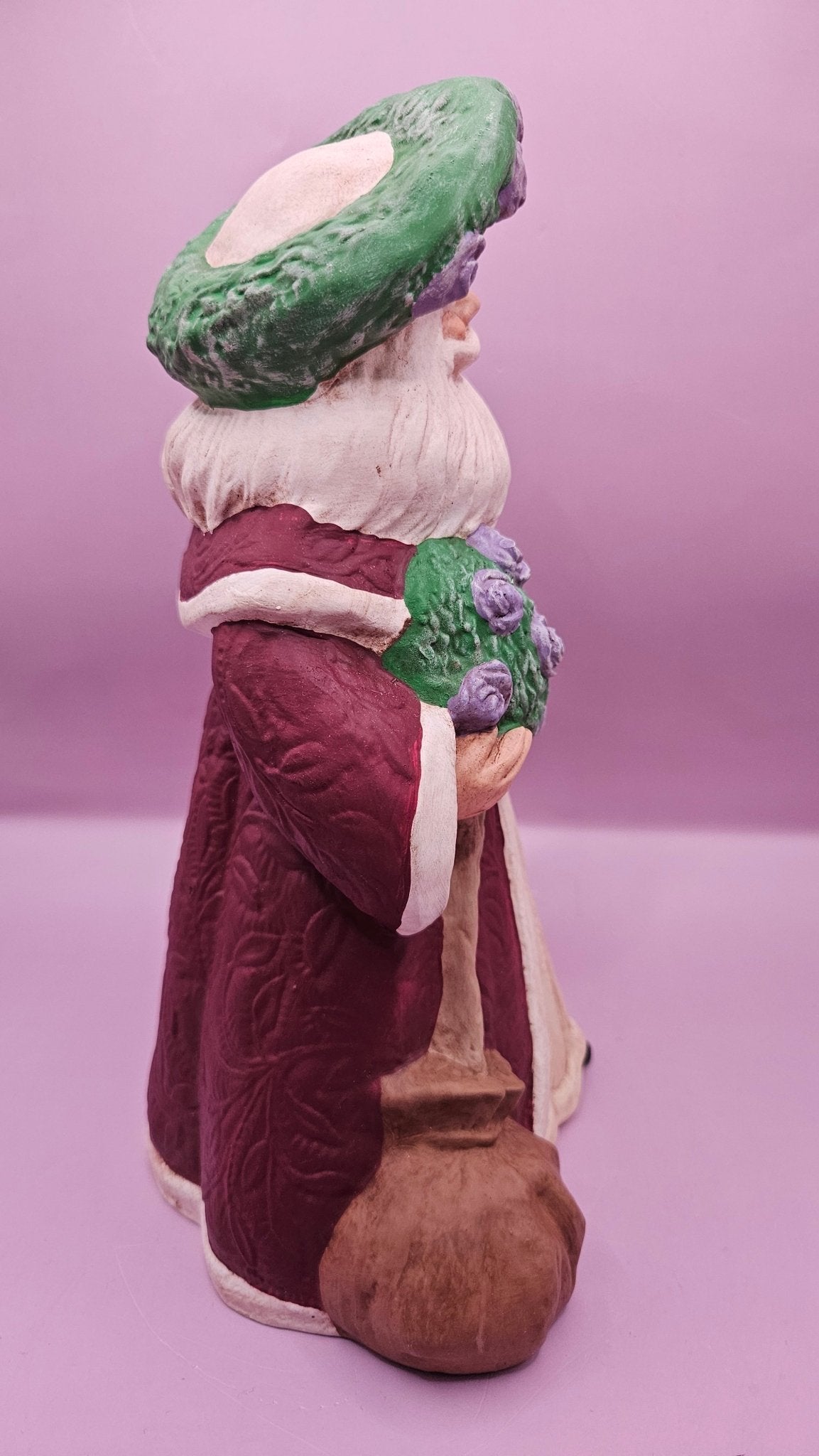 Hand-Painted Lavender Rose Santa Figurine - 10x6.5 Rustic Holiday Charm