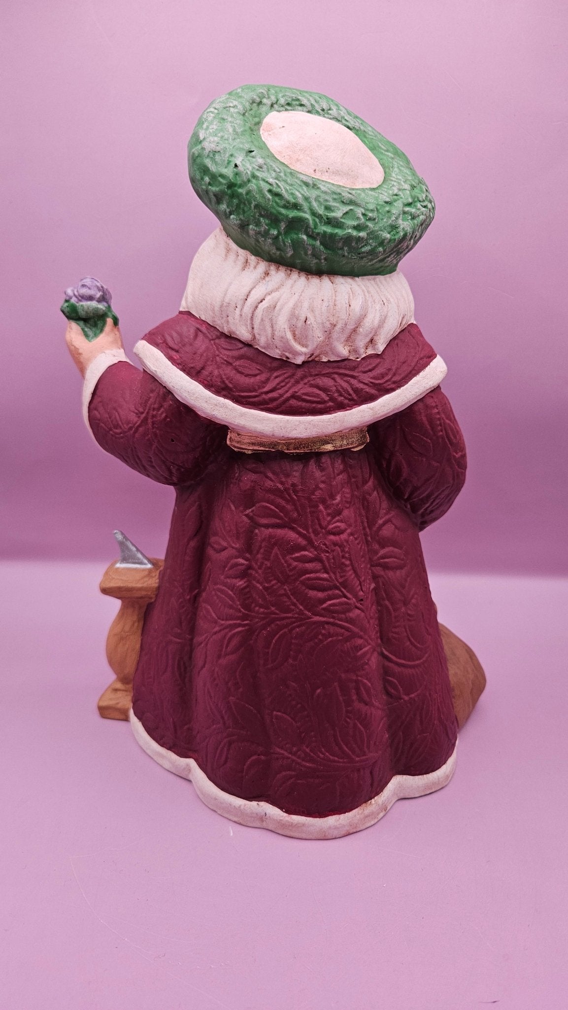 Hand-Painted Lavender Rose Santa Figurine - 10x6.5 Rustic Holiday Charm