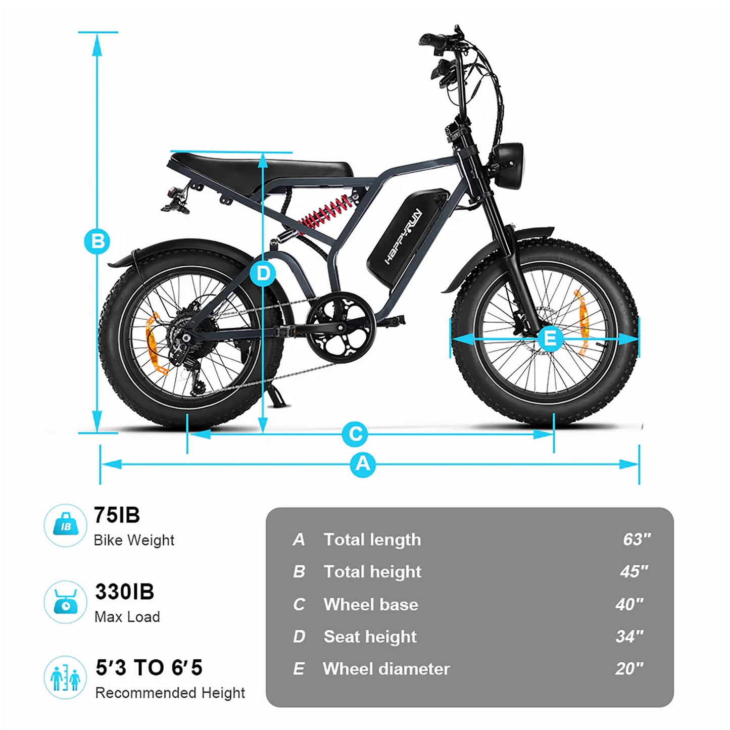 HappyRun Tank G60 Electric Off-Road Fat Tire Moped Bike (SAK48732)