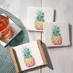 Hawaiian Pineapple -  Stone Coaster Set in Wood Holder