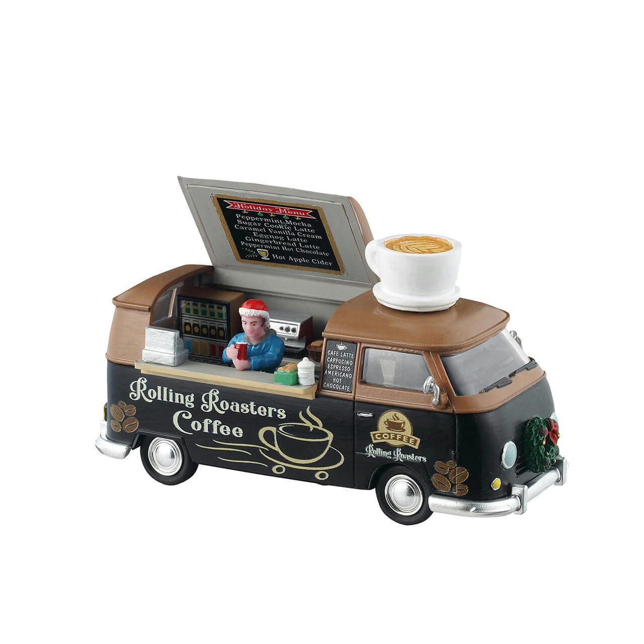 Model of a coffee truck with a person inside, featuring the 'Rolling Roasters Coffee' branding.
