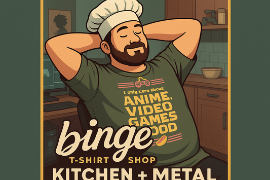 High-resolution 300 DPI graphic of an off-duty chef wearing the "ANIME, VIDEO GAMES & FOOD" t-shirt with Binge T-shirt Shop and Kitchen + Metal branding