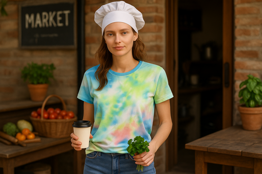 High-resolution 300 DPI graphic of an off-duty chef wearing the colorful tie-dye t-shirt