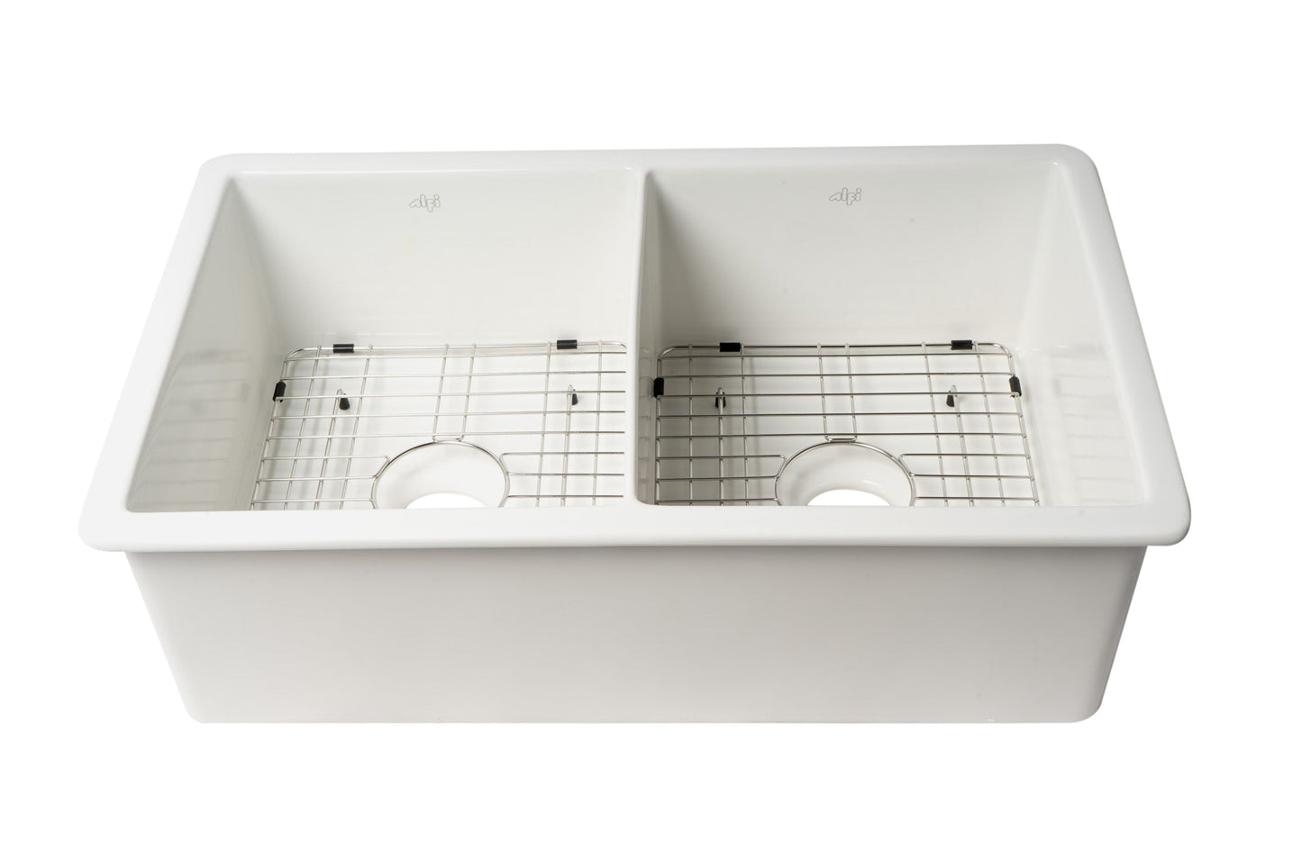 ALFI brand ABF3219DUD ABF3219DUD-W White 32" x 19" Double Bowl Fireclay Undermount / Drop In Kitchen Sink w Grid