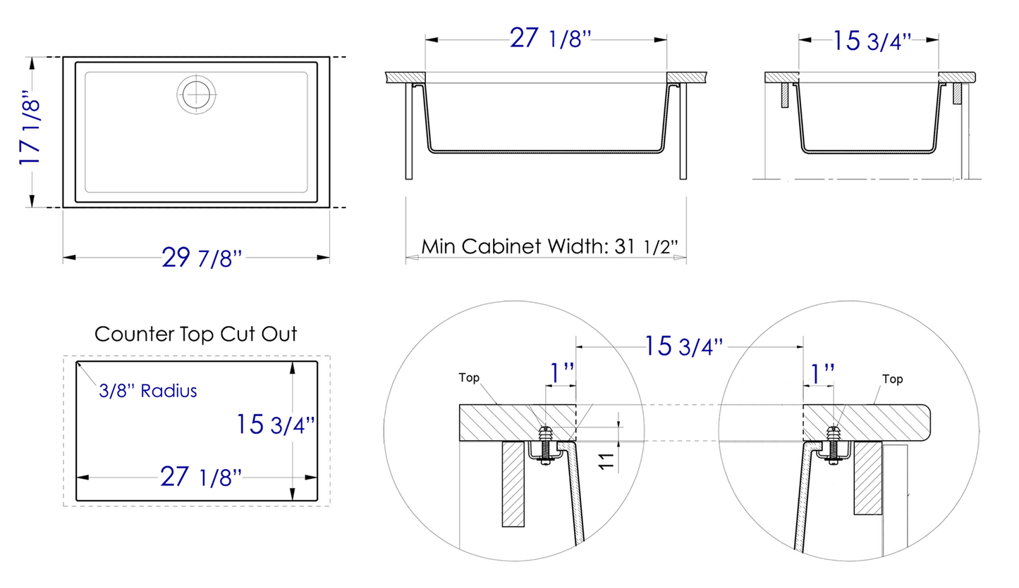 ALFI brand AB3020UM 30" Undermount Single Bowl Granite Composite Kitchen Sink