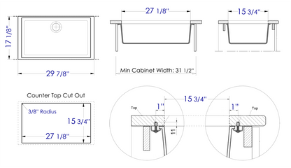 ALFI brand AB3020UM 30" Undermount Single Bowl Granite Composite Kitchen Sink