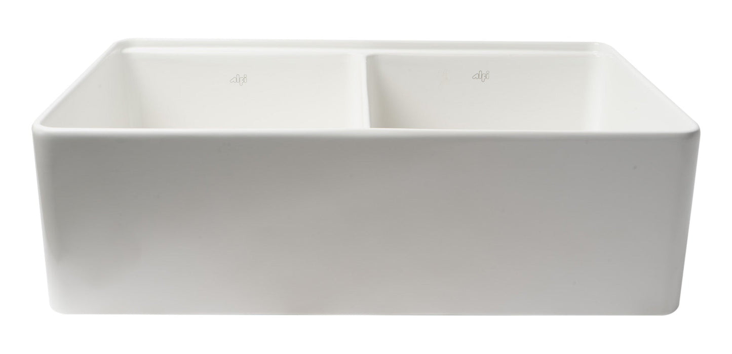 ALFI brand ABFS3320D Workstation 33" x 20" Double Bowl Step Rim Fireclay Farm Sink with Accessories