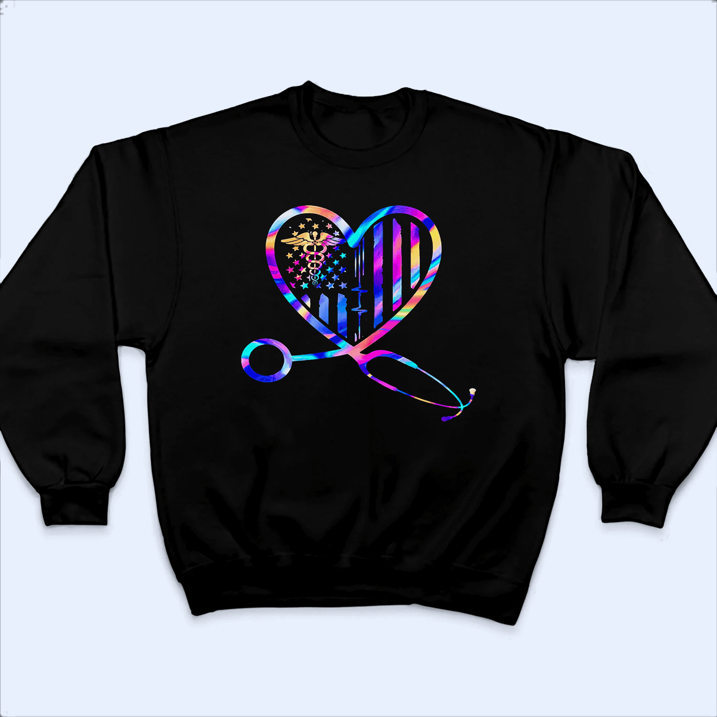Holographic Stethoscope Heart Nurse - Personalized Custom T Shirt - Birthday, Loving, Funny Gift for Nurse, CNA, Healthcare, Registered RN
