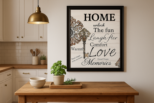 HOME Typography Art in Kitchen + Metal Kitchen Setting