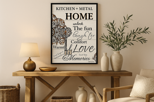 HOME Typography Art in Kitchen + Metal Living Room Setting