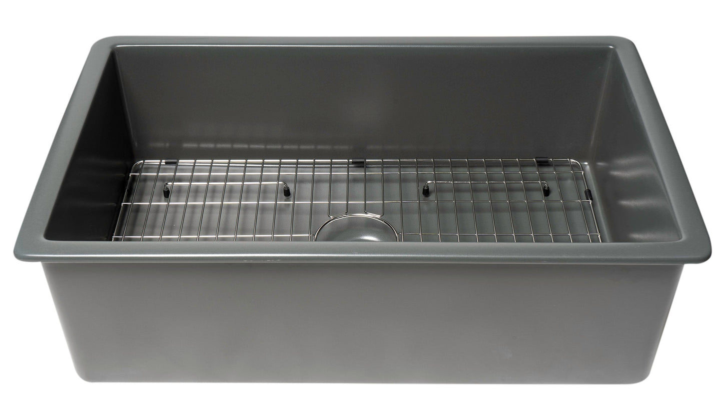 ALFI brand ABF3219SUD 32" x 19" Fireclay Single Bowl Undermount / Drop In Kitchen Sink w Grid