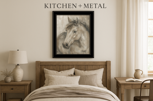 Horse Portrait Art in Kitchen + Metal Bedroom Setting