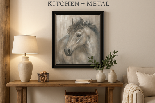 Horse Portrait Art in Kitchen + Metal Living Room Setting