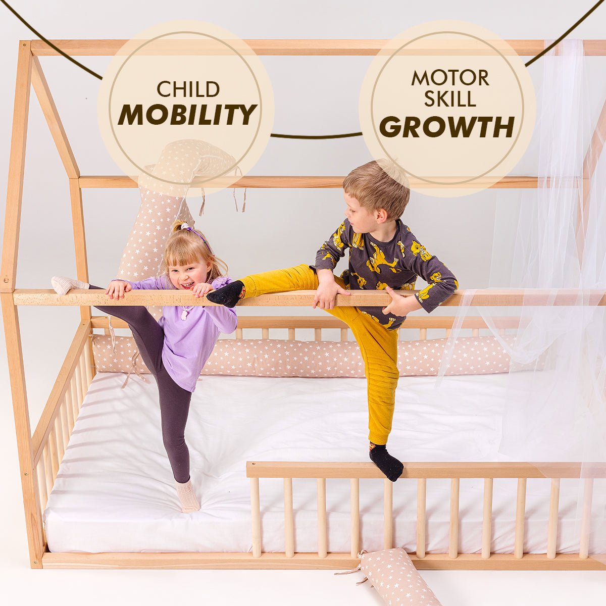 Montessori House Bed for Kids with Fence