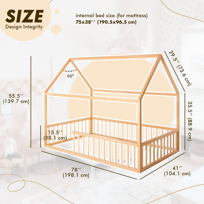 Twin Size Montessori House Bed for Kids with Fence