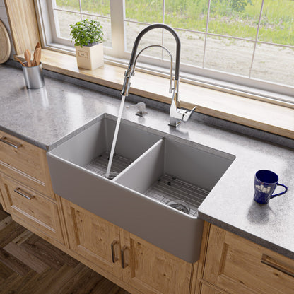 ALFI brand ABF3318D Smooth Apron 33" x 18" Double Bowl Fireclay Farm Sink