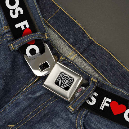 BD Wings Logo CLOSE-UP Full Color Black Silver Seatbelt Belt - LOS F*CKIN' ANGELES Heart Black/White/Red Webbing