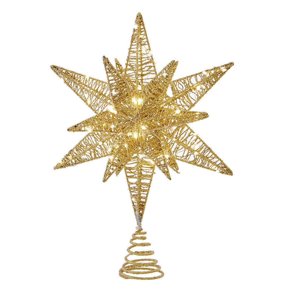Gold star-shaped Christmas tree topper on a white background